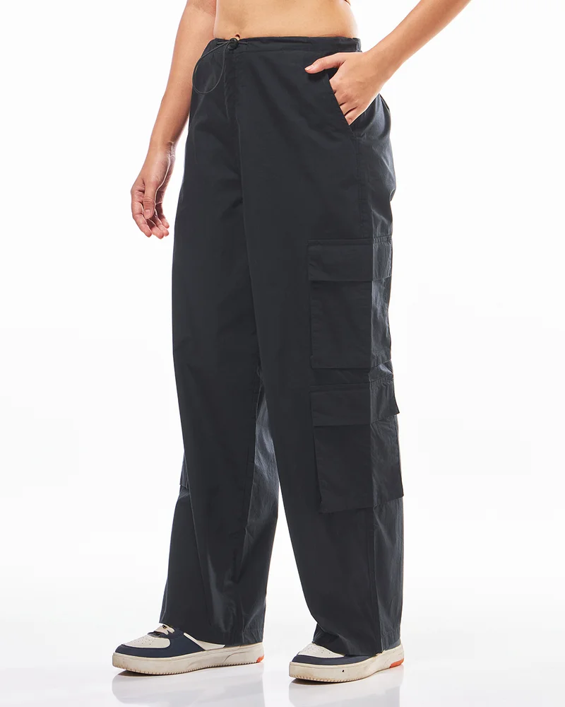 bewakoof Women's Black Baggy Oversized Cargo Parachute Pants